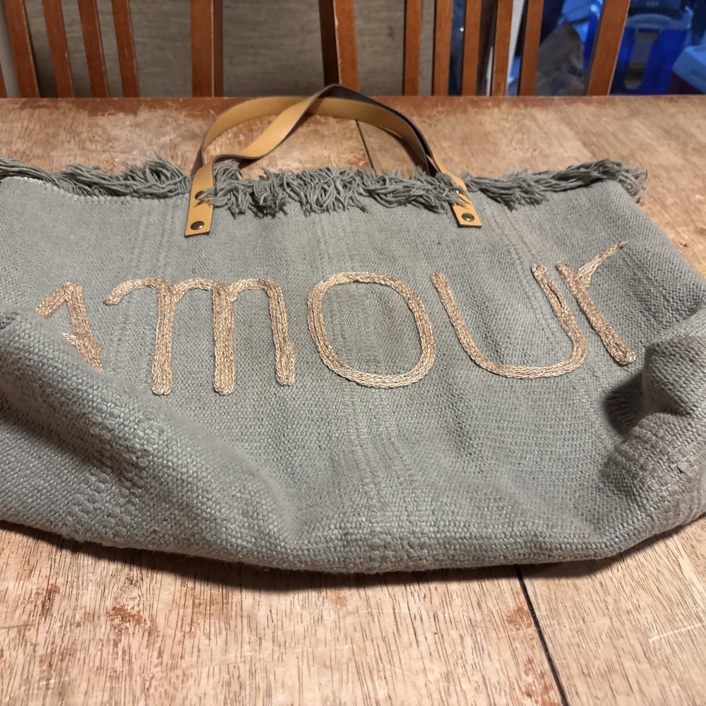 Bonjour Canvas Tote Bag Green with Fringe Top Boho Summer Beachy Coastal